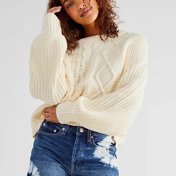Free People Dream Cable Knit Sweater | Oversized Cream Cozy Boho - Picture 12 of 13